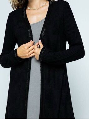 🛍️ Vocal Black Open-Front Mixed Media Cardigan with Bling Trim & Cuffs